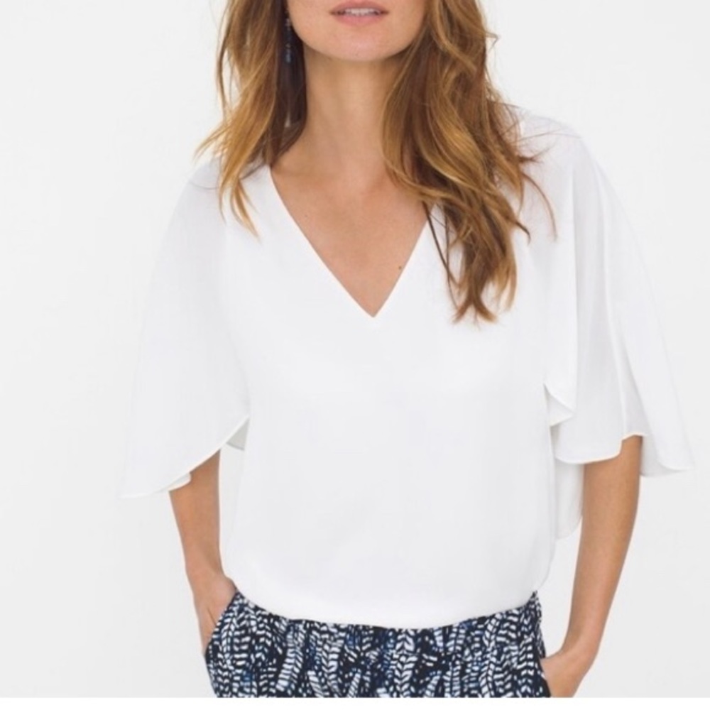 NWT WHITE HOUSE BLACK MARKET White V-Neck Cape Sleeve Blouse Size L